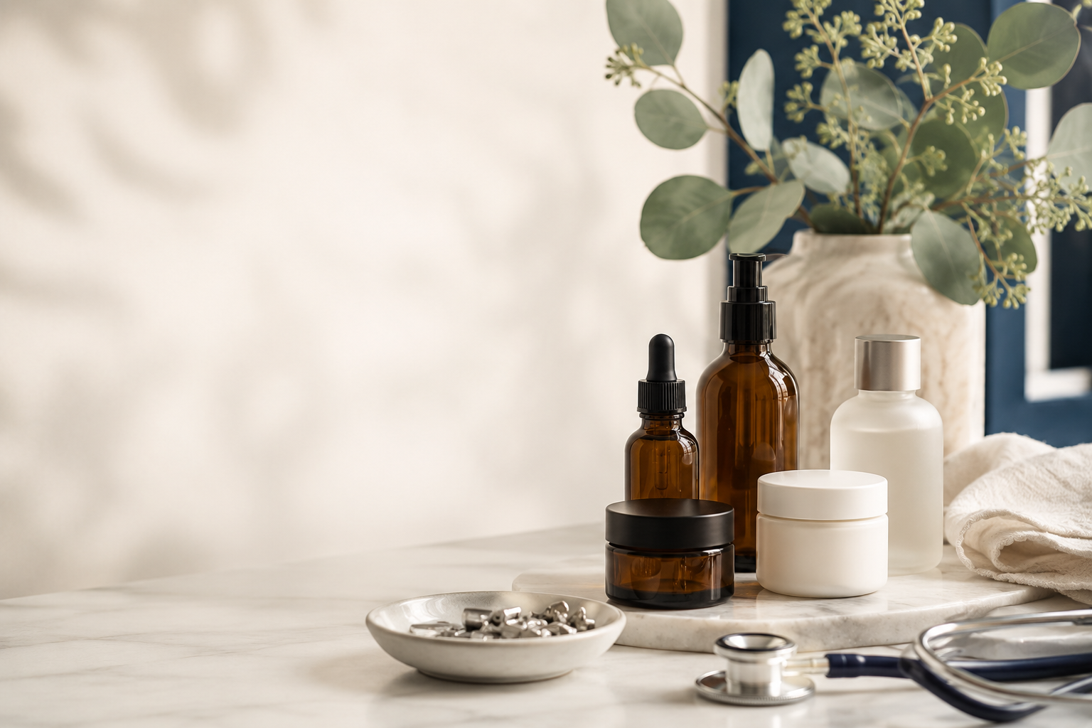 Wellness products arranged on a physician's workbench with a stethoscope.